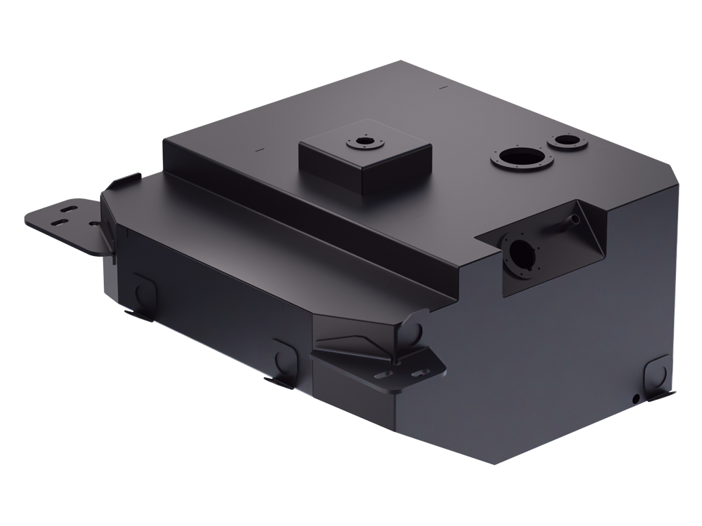 Réservoir inox de remplacement 180L pour Toyota GRJ76 N4 OFFROAD, vue du côté avec raccords visibles.
