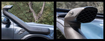 Snorkel Safari 4x4 pour Ford Raptor 2023+ avec moteur V6 essence, installation sur le véhicule tout-terrain.