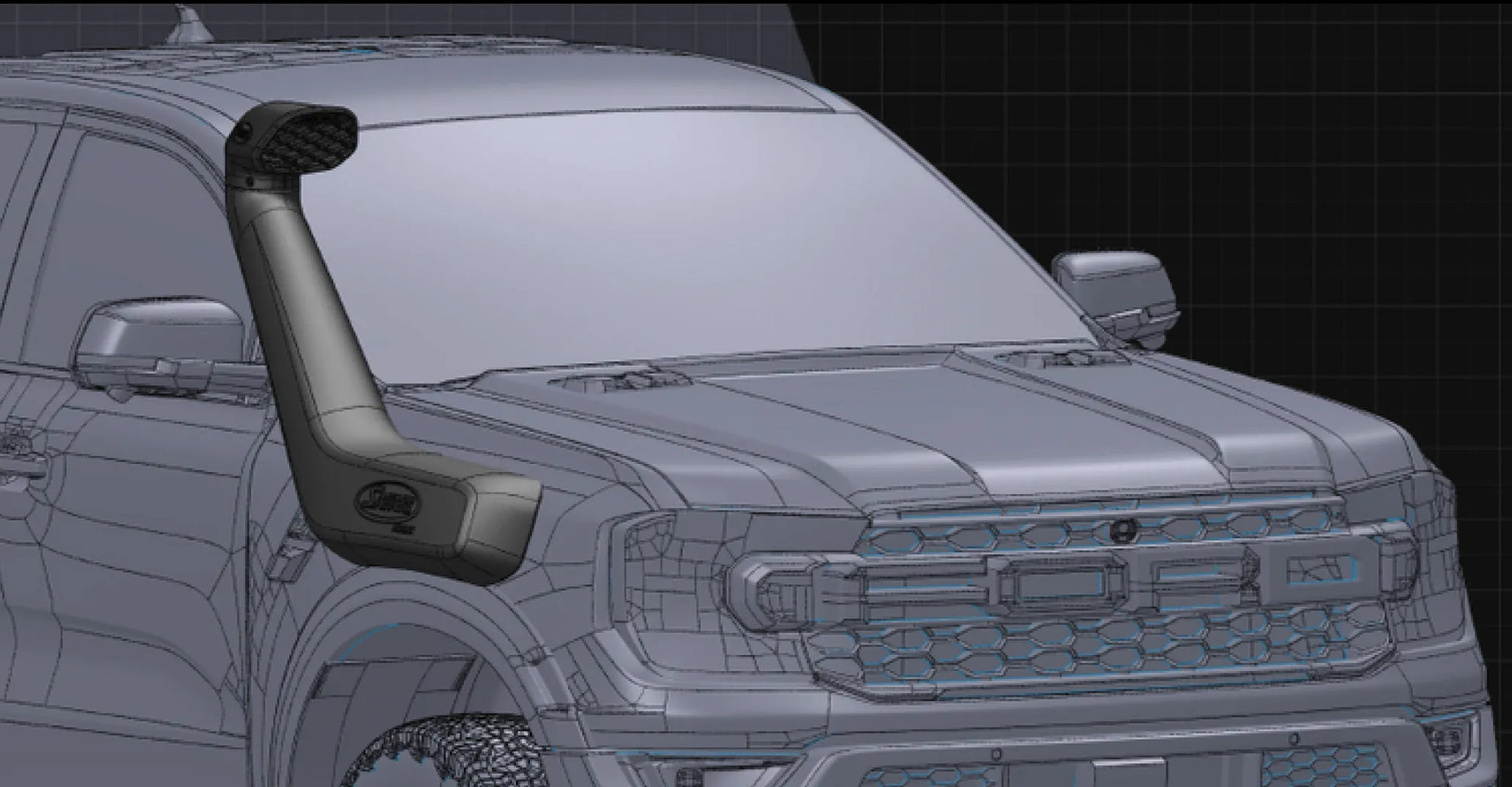 Snorkel Safari 4x4 pour Ford Raptor 2023+ avec moteur V6 essence, installation sur le véhicule tout-terrain.