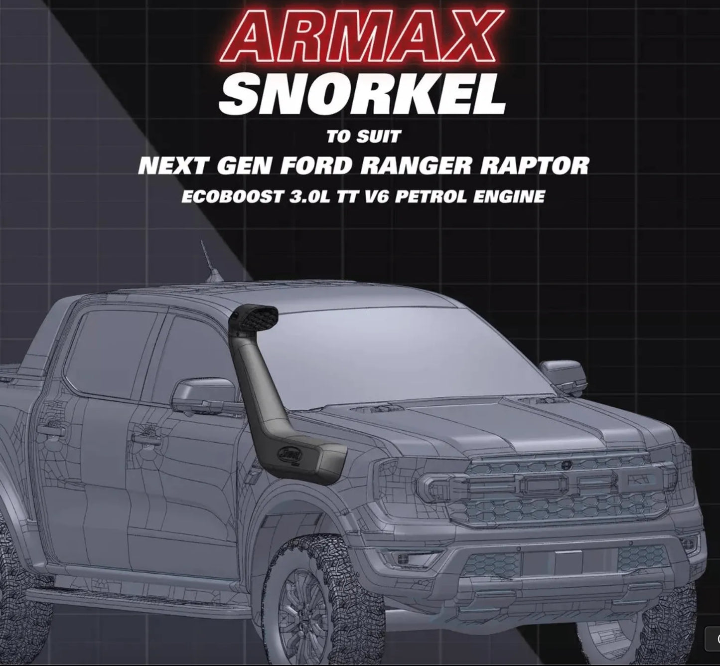 Snorkel Safari 4x4 pour Ford Raptor 2023+ avec moteur V6 3.0L essence, installé sur un 4x4 tout-terrain.
