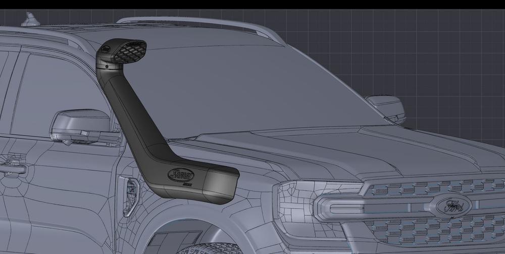 Snorkel Safari 4x4 Armax pour Ford Ranger T9 2023+ avec moteur 2.0L ou 3.0L EcoBlue, installation sur le véhicule.