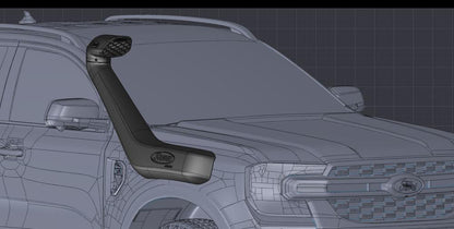 Snorkel Safari 4x4 Armax pour Ford Ranger T9 2023+ avec moteur 2.0L ou 3.0L EcoBlue, installation sur le véhicule.