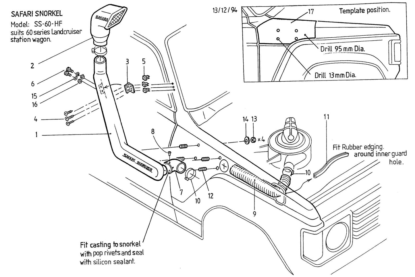 Snorkel Safari 4x4 pour Land Cruiser HJ60/HJ61, tube en plastique noir, fixation sur le côté du véhicule, pour conduite tout-terrain.