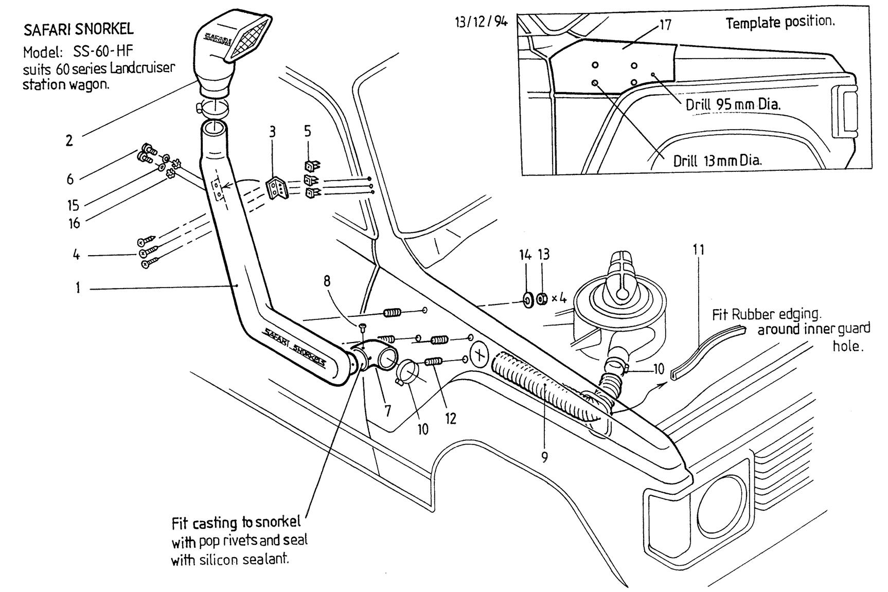 Snorkel Safari 4x4 pour Land Cruiser HJ60/HJ61, tube en plastique noir, fixation sur le côté du véhicule, pour conduite tout-terrain.