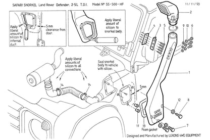 Snorkel Safari 4x4 pour Land Rover Defender 200TDI, installation visible sur le véhicule, en plastique noir robuste.