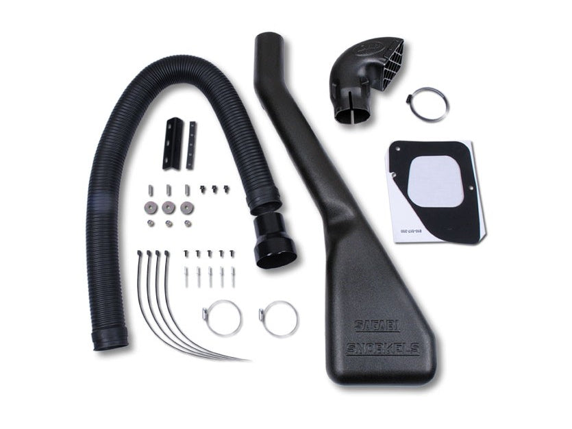 Snorkel Safari 4x4 pour Land Rover Defender V8, monté sur le véhicule, en plastique noir robuste.
