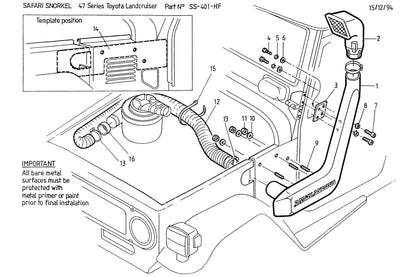Snorkel Safari 4x4 pour Toyota Land Cruiser BJ42 et BJ46, installation visible sur le véhicule tout-terrain.