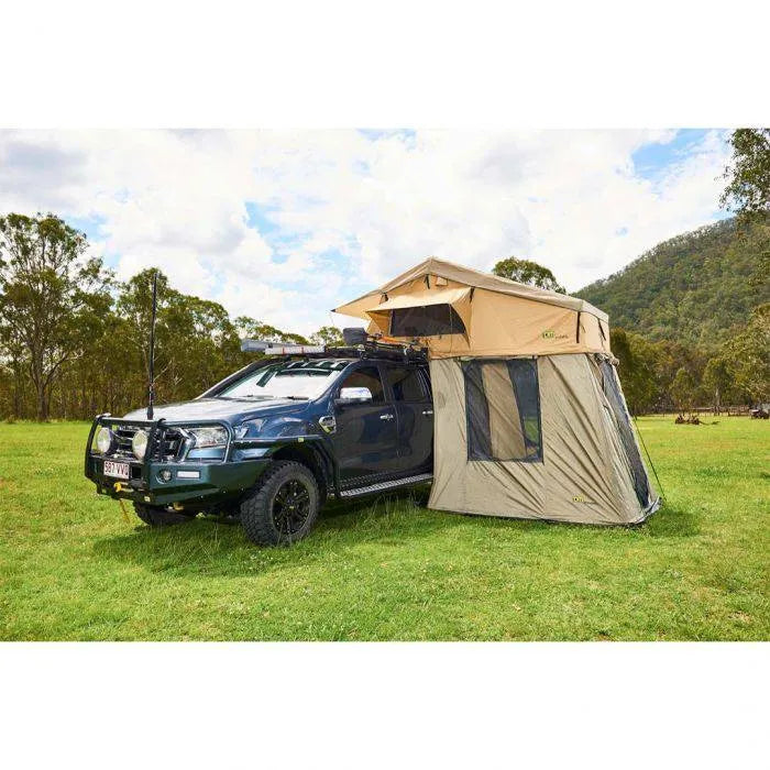 Annexe de tente TJM Yulara pour tente de toit avec tapis de sol intégré, idéale pour camping en plein air.