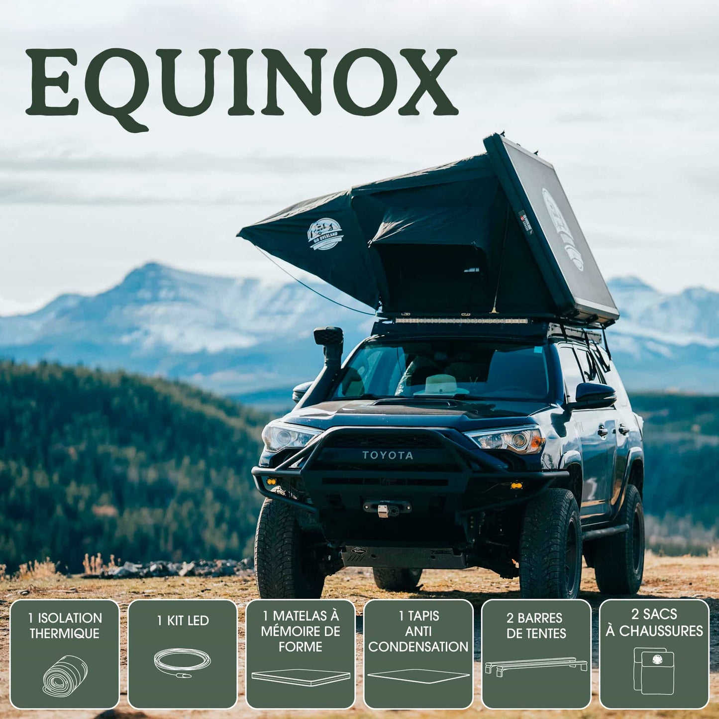 Tente de toit EQUINOX 2 places GO OVERLAND CANADA en aluminium, montée sur un véhicule tout-terrain, prête pour l'aventure.