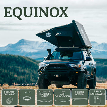 Tente de toit EQUINOX 2 places GO OVERLAND CANADA en aluminium, montée sur un véhicule tout-terrain, prête pour l'aventure.
