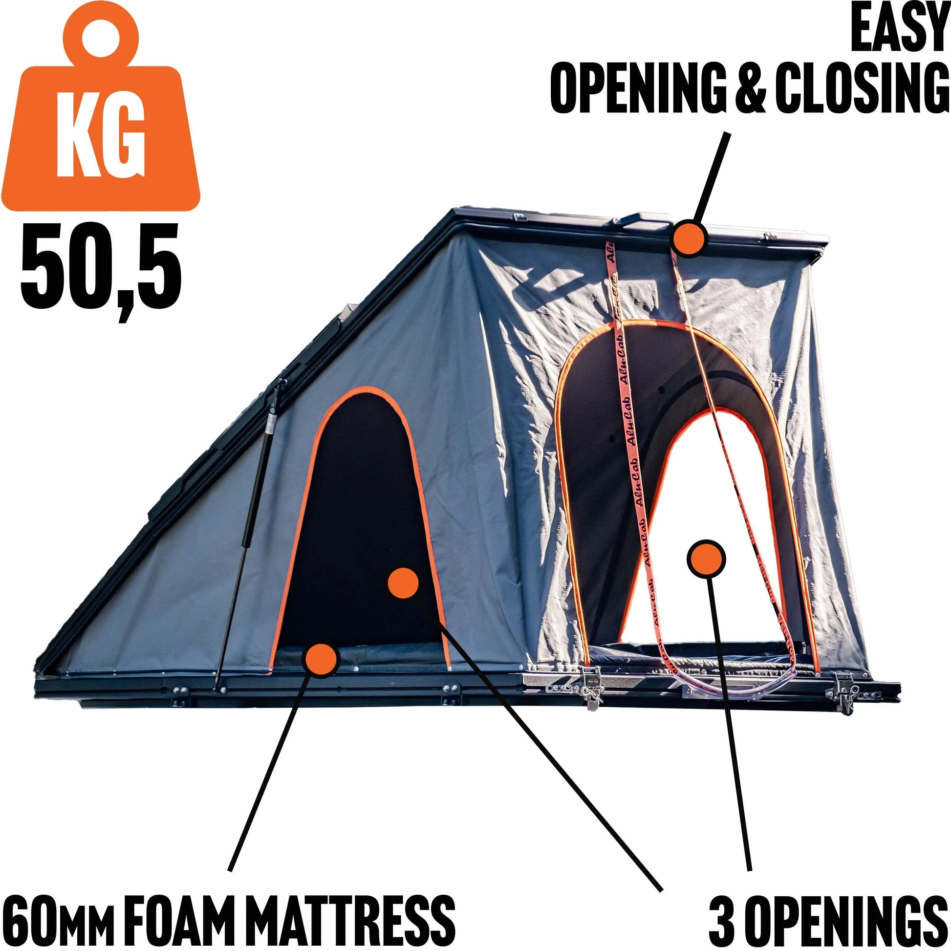 Tente de toit LT-50 Lightweight Alu-Cab en aluminium, installation sur véhicule tout-terrain, vue extérieure avec matelas intérieur visible