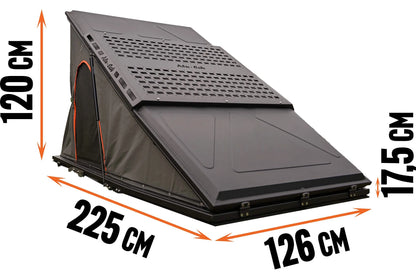 Tente de toit Alu-Cab LT-50 légère en aluminium, déployée sur un véhicule tout-terrain, avec fenêtre panoramique.