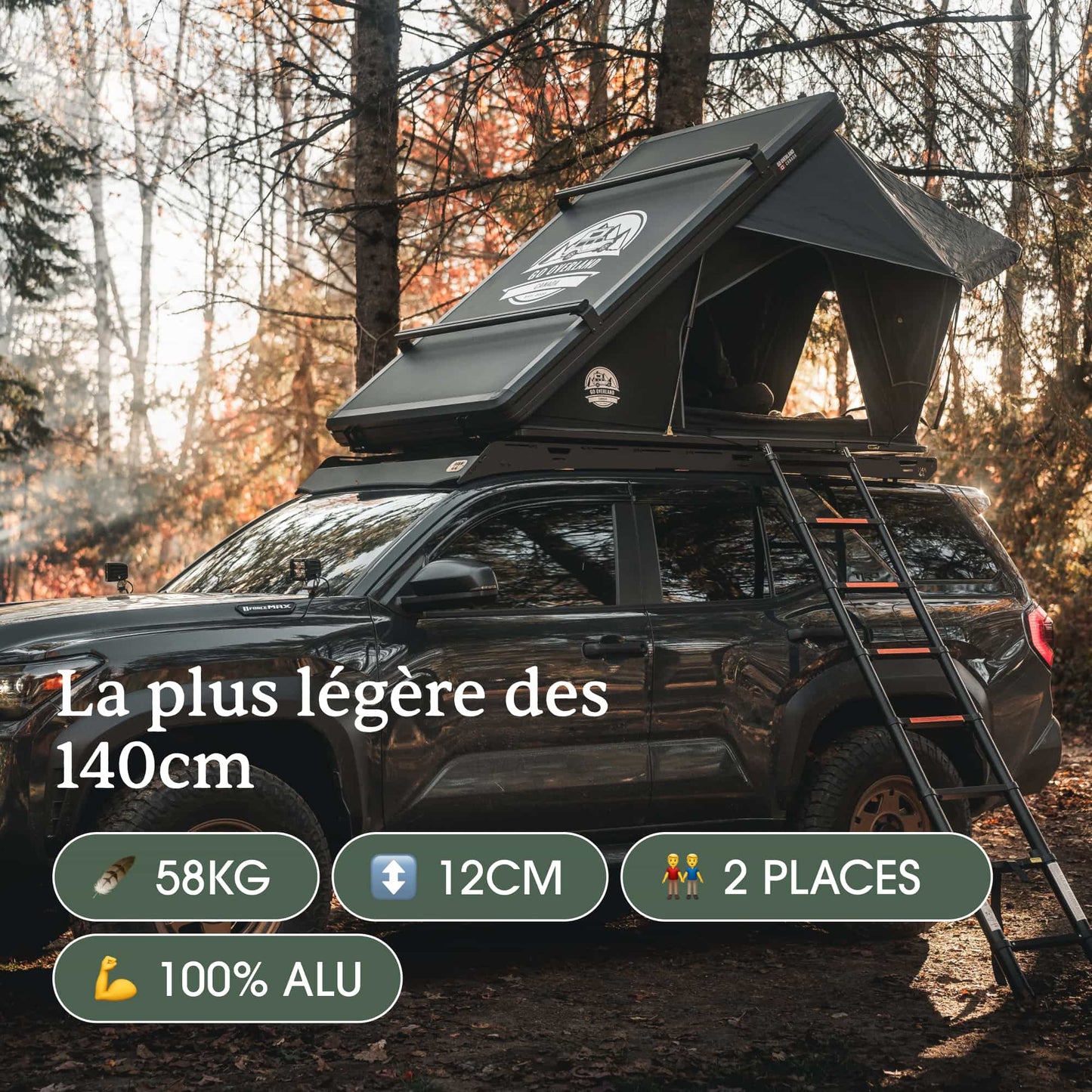 Tente de toit Summit 140 GO OVERLAND CANADA avec coque en aluminium ultra-légère, installation sur véhicule tout-terrain.