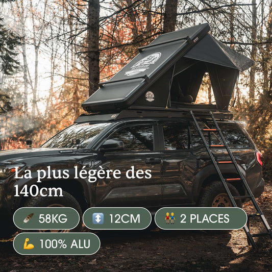 Tente de toit Summit 140 GO OVERLAND CANADA avec coque en aluminium ultra-légère, installation sur véhicule tout-terrain.