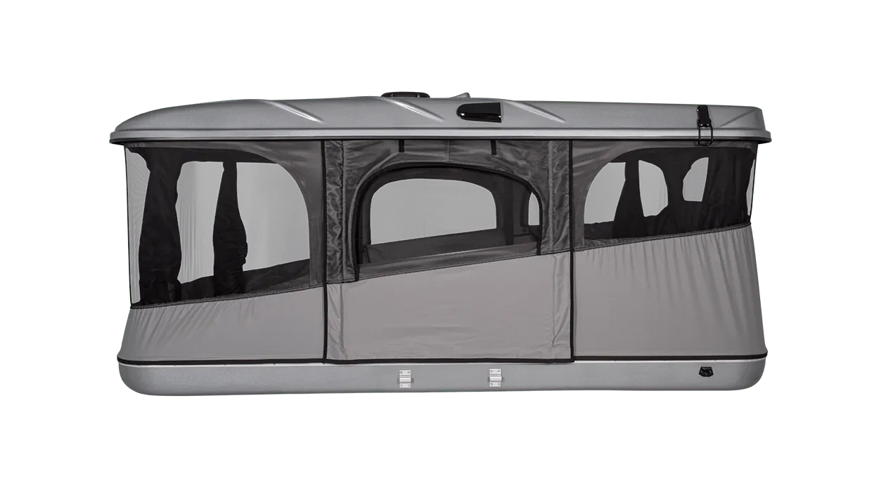Tente de toit James Baroud Grand RAID M/X/XL, installation sur véhicule, tissu résistant, fenêtre zippée, design robuste et pratique.